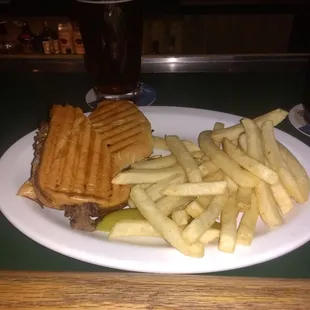 Philly Press, fries and a mini pitcher of JP&apos;s Red Ale. Good stuff!