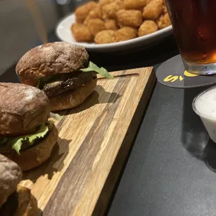 Wagyu sliders, tots, Red ale