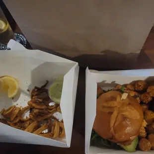 Salmon burger or calamari