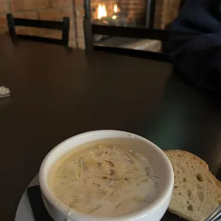Soup by the fireplace on a rainy day