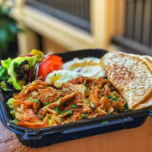 Chicken Shawarma Plate w/ hummus, rice, salad.