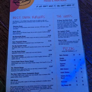 Burger &amp; Pizza menu.