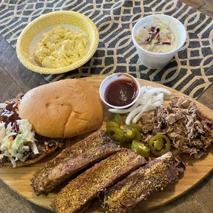 Brisket, pulled pork sandwich, ribs coleslaw..... amazing smoke and taste
