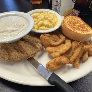 Country Fry Steak with Mac n Cheese and Onion Petals