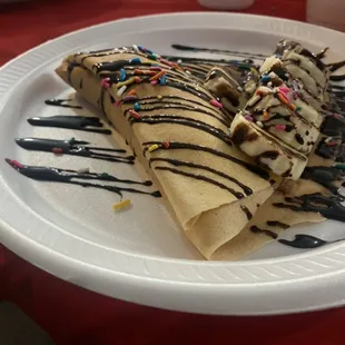 Crepes /crepas/desserts we have delicious crepes with banana and Nutella!