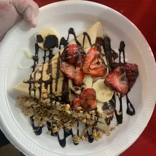 Delicious crepes with six kind of fruits and five kind of Sweet sauce and come check us out