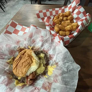 Juicy burger and tots