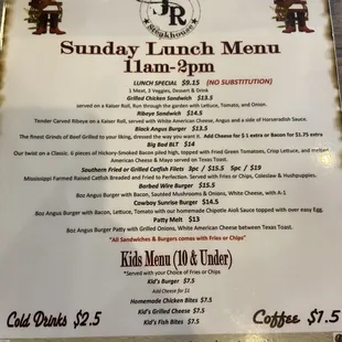 Sunday Lunch Menu