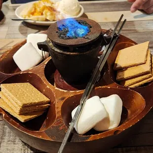 Indoor s'mores and peach cobbler!