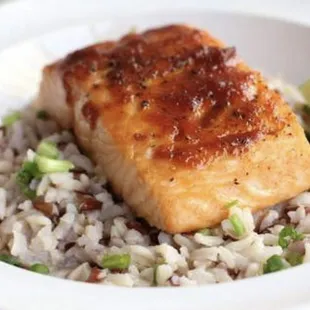 Grilled salmon filet over wild rice