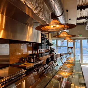 a view of a restaurant counter