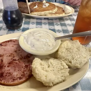 I had Biscuit Halves and Gravy with Breakfast Ham. My BF had Short Stack Pancakes with Sausage Patties