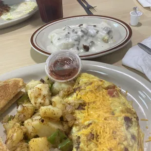 Mexican omelette and biscuits and gravey