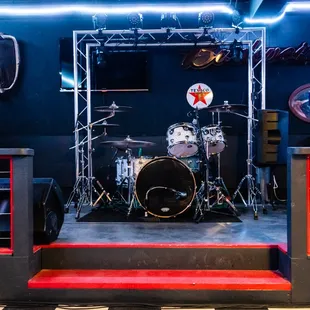 a stage with a drum set