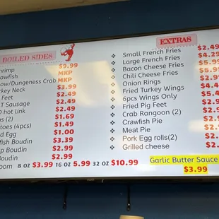 prices on the menu