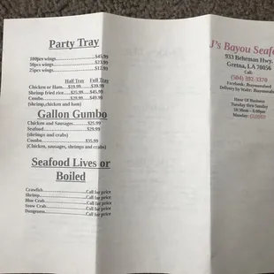 Back of menu