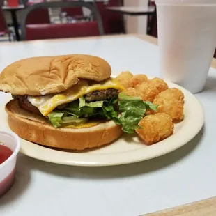 My juicy cheeseburger and tots