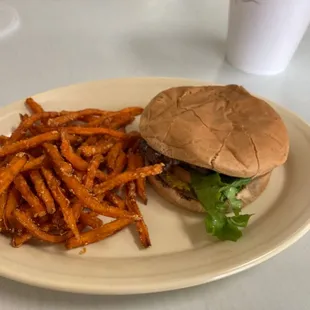 Hamburger and sweet potato fries