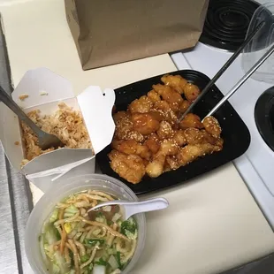 Sesame chicken, wonton soup