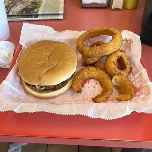 Chili burger and onion rings.