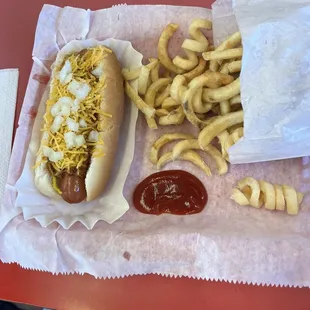 a hot dog and french fries