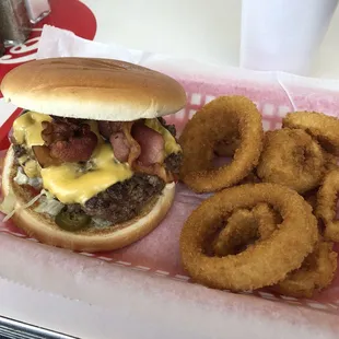 Double bacon cheeseburger with onion rings!