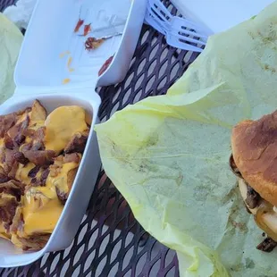 Steak Sandwich, burger, cheese fries!