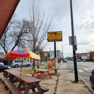 a picnic table and umbrella