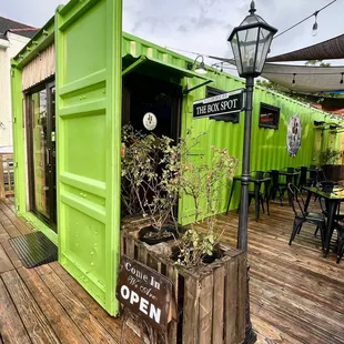 a green shipping container