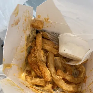 The fries I ate the bottom. You can see the large amount of seasoning salt