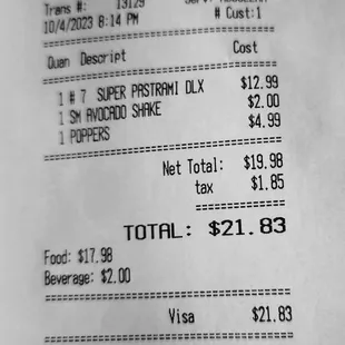 the receipt for the restaurant