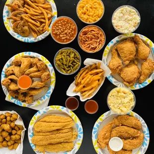 Shrimp, catfish, chicken tenders, chicken and sides