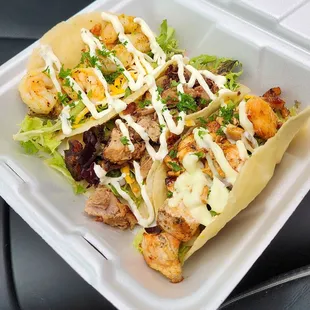 Lemon shrimp, pork, and honey salmon tacos