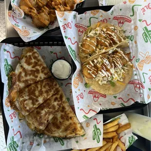 Bang bang shrimp, steak quesadilla, beer battered shrimp tacos &amp; side fries