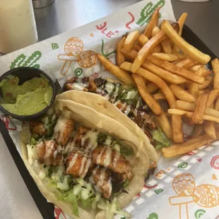 Honey wasabi salmon tacos and side fries