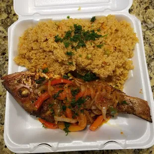 Grilled fish and fries dice.