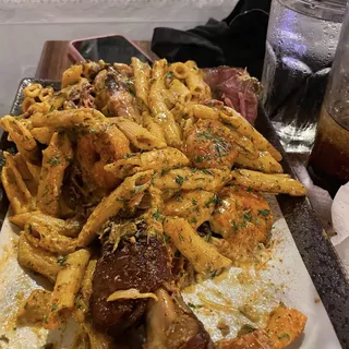 Stuffed Turkey Leg with Shrimp Pasta