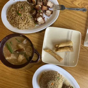 From top: pork belly, lumpia, pork soup, and chicken adobo
