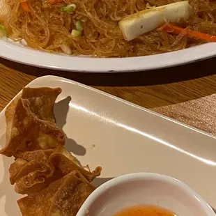 Pancit bihon and cream cheese wonton