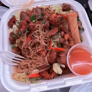 Shrimp and Chicken Pancit with a side of lumpia