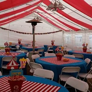 20x40 Canopy, Round Tables, Chairs, Propane Heater, and Linen Tablecloths.  Customer added the overlays and the red material to the canopy.