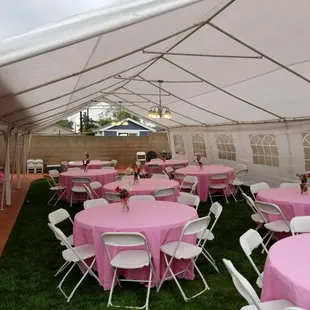 20x40 Canopy, Round Tables, Chairs, and Linens.