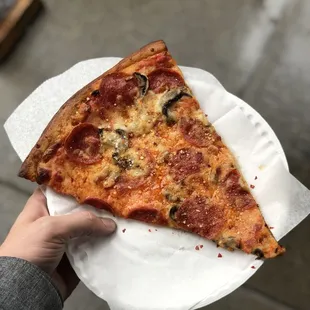 a slice of pizza on a paper plate
