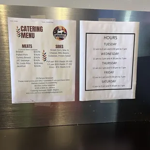 Hours and catering menu