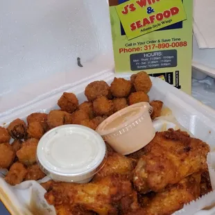 Garlic Sriracha wings and Fried Okra W/Yum yum sauce and Ranch