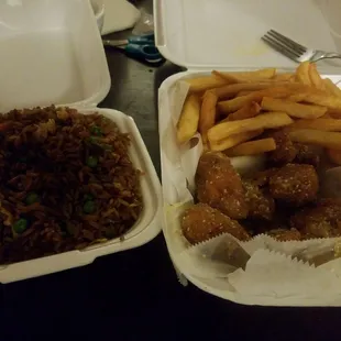 Honey garlic and garlic parmasean boneless wings and plain fried rice !!! Flame