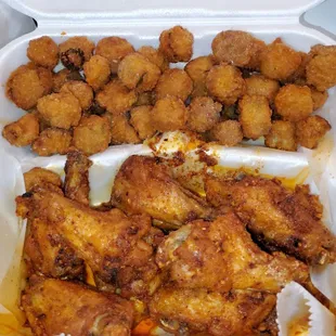 Garlic Sriracha wings and Fried Okra