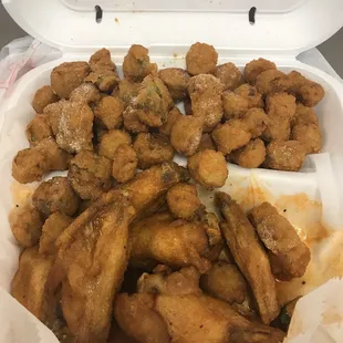 Mango habanero party wings and fried okra. Very good!