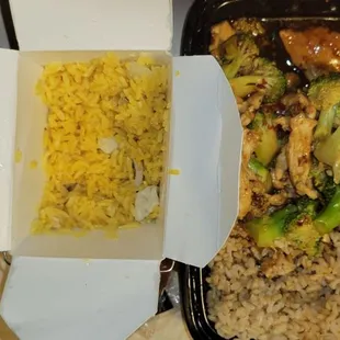 Chicken fried rice and chicken with broccoli