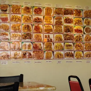a wall full of different types of food